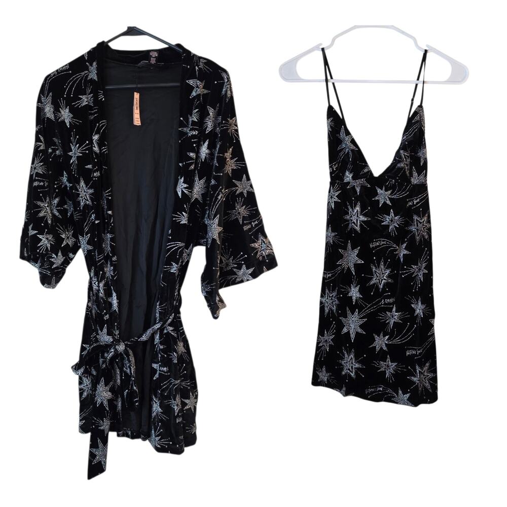 Nwt Victoria's Secret Celestial Velvet Star Robe Slip Dress Set Black Silver M/L